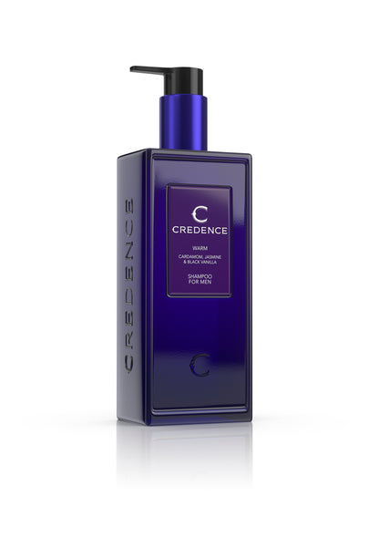 Credence Warm men's shampoo bottle with cardamom jasmine and black vanilla scent 300ml