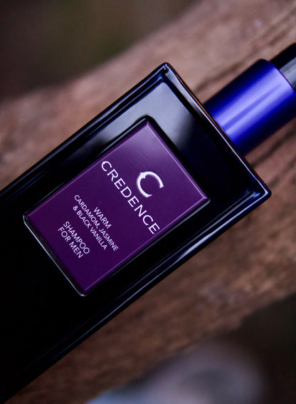 Credence Warm men's shampoo bottle with cardamom jasmine and black vanilla scent 300ml