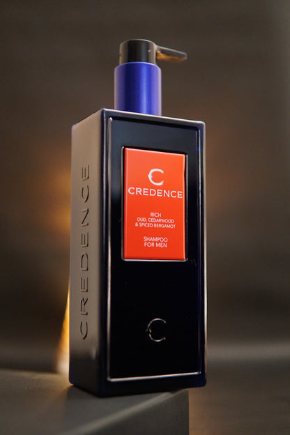 "Credence Rich men's shampoo bottle with oud cedarwood and spiced bergamot scent 300ml"