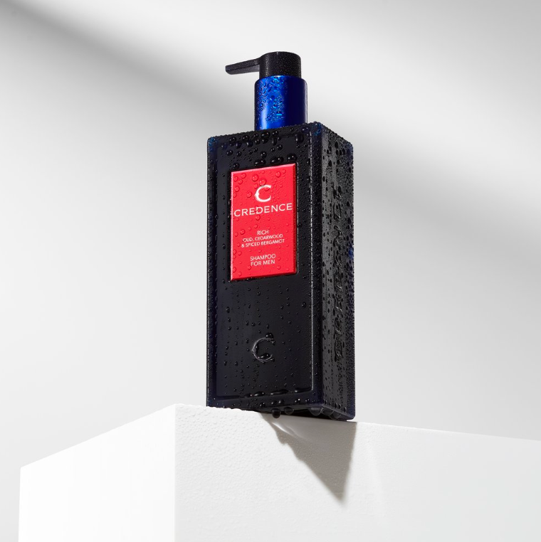 "Credence Rich men's shampoo bottle with oud cedarwood and spiced bergamot scent 300ml"