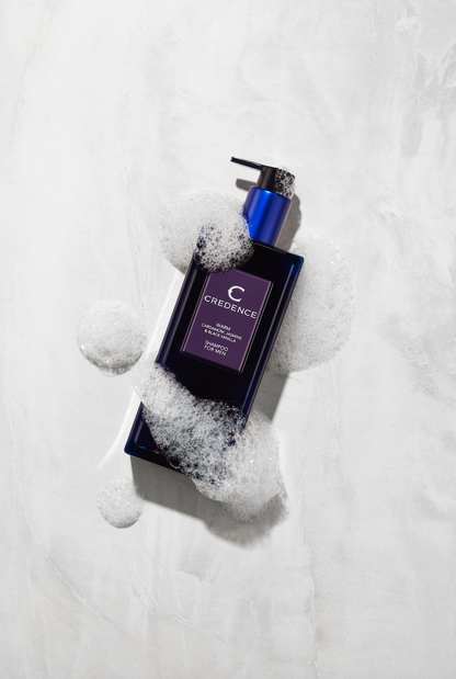 Credence Warm men's shampoo bottle with cardamom jasmine and black vanilla scent 300ml